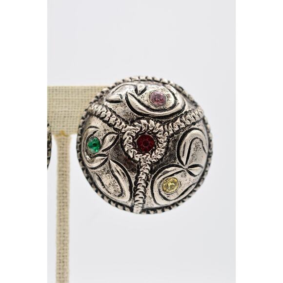 Vintage Chunky Clip On Earrings Crystal Antiqued Round Mod Dep Signed 1980s A21 - Picture 7 of 12